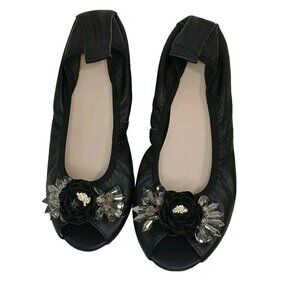 Black Open Toe Ballerina Flat Size 39 (EU) 8.5- 9 (US) Black Rose & Jewel Design